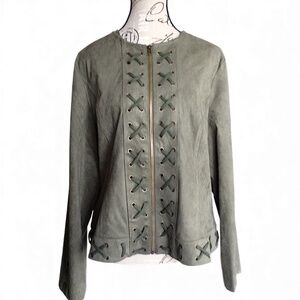 ADORE Olive faux suede lace-up zip jacket grommet detail size XL